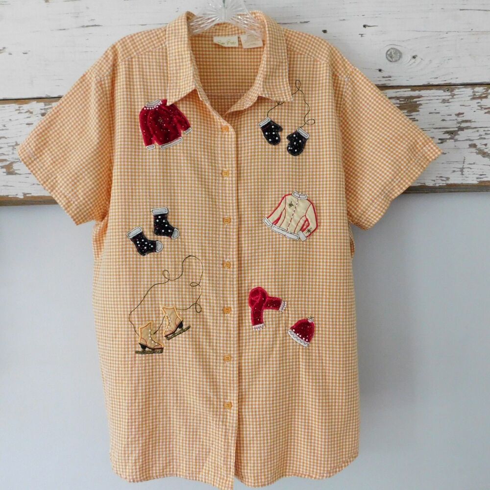 Bobbie Brooks Christmas Top 18 Winter Vintage Applique Beaded Gingham Collared
